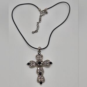 Gothic Filigree Cross Pendant on Leather Cord 14'' Baroque Vintage